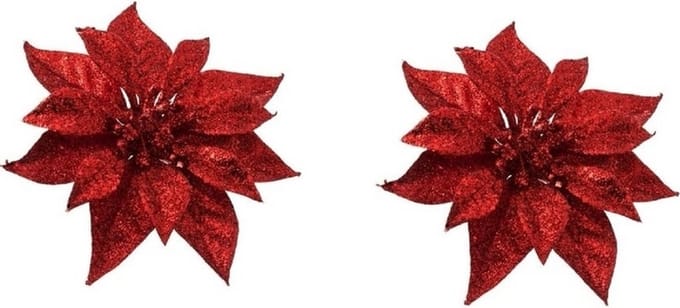 Cosy & Trendy Kerstboomversiering - 2x - bloem - op clip - rood - kerstster - 18 cm - kerstversieringen