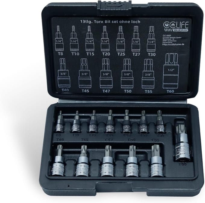 Torx Bit Set - Bitdoppen Set - Klus Klussen - S2 Staal Bits - T8-T60 13 Delig - Zilverkleurig
