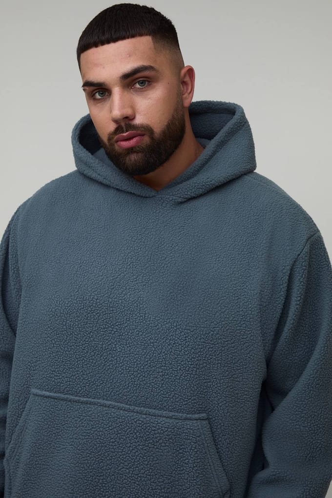 Plus Borg Oversized Boxy Hoodie | Slate Grey | Size 3XL