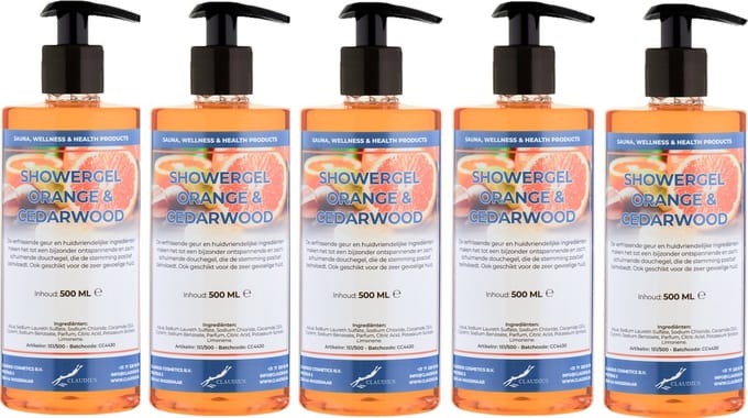 Douchegel Sweet Orange & Cedarwood 500 ml - set van 5 stuks - met gratis pomp - Showergel