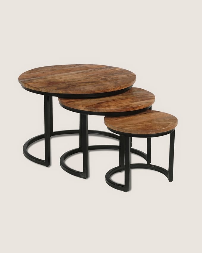 Salontafel Set van 3 Mangohout – Rond – Rustiek – Industrieel