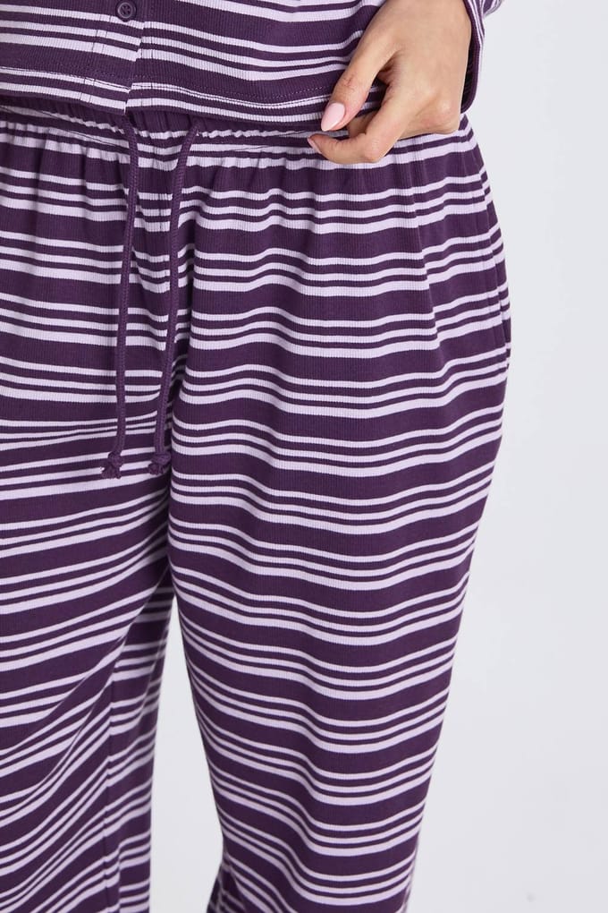 boohoo Dames Gestreepte ribbroek met trekkoord | Purple | Maat: 8
