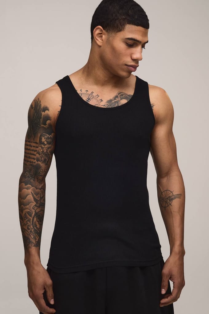 Essential Slim Fit Ribbed Vest | Black | Size Medium