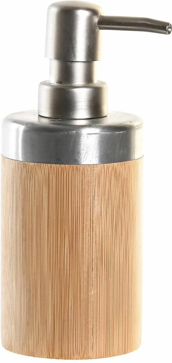 Item International Zeeppompje dispenser - bruin/zilver - bamboe hout - 7 x 17 cm - keuken/badkamer/toilet - lotionpomp - 300 ml