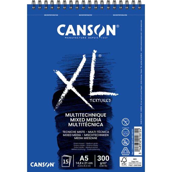 Mixed mediapapier Canson XL Textured Mixed Media 15vel 300gr A5 wit
