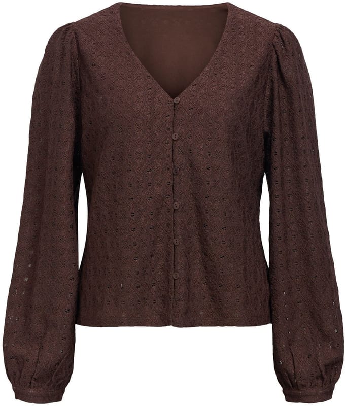 Object bruine dames blouse   V-hals   Regular fit   Structuur patroon   Knoopsluiting   Duurzaam   Lange mouw Bruin M