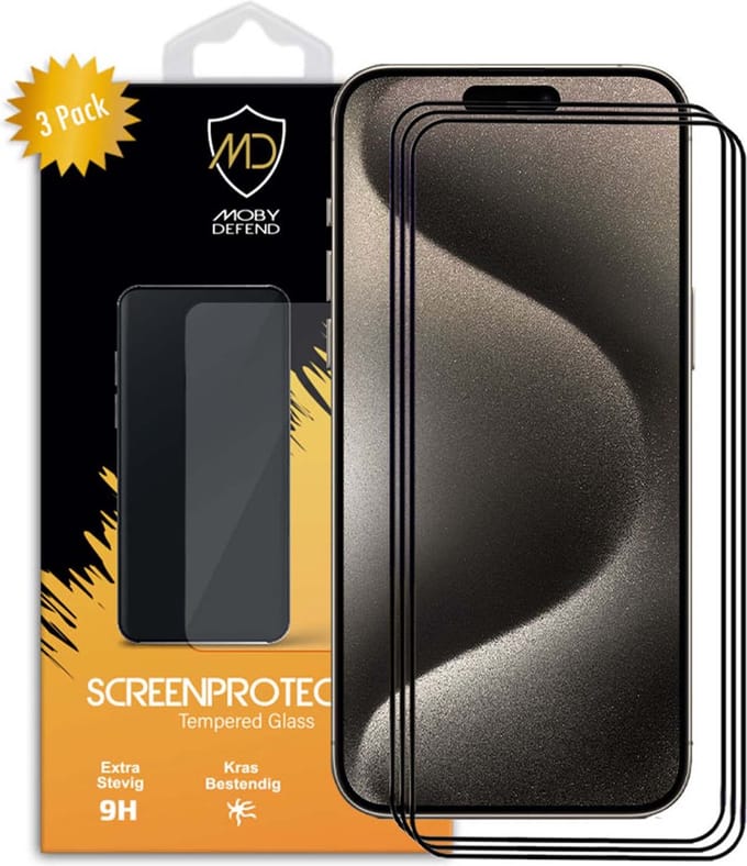 3-Pack MobyDefend Screenprotectors - Geschikt voor iPhone 15 Pro - Screensavers Met Zwarte Randen - Gehard Glas