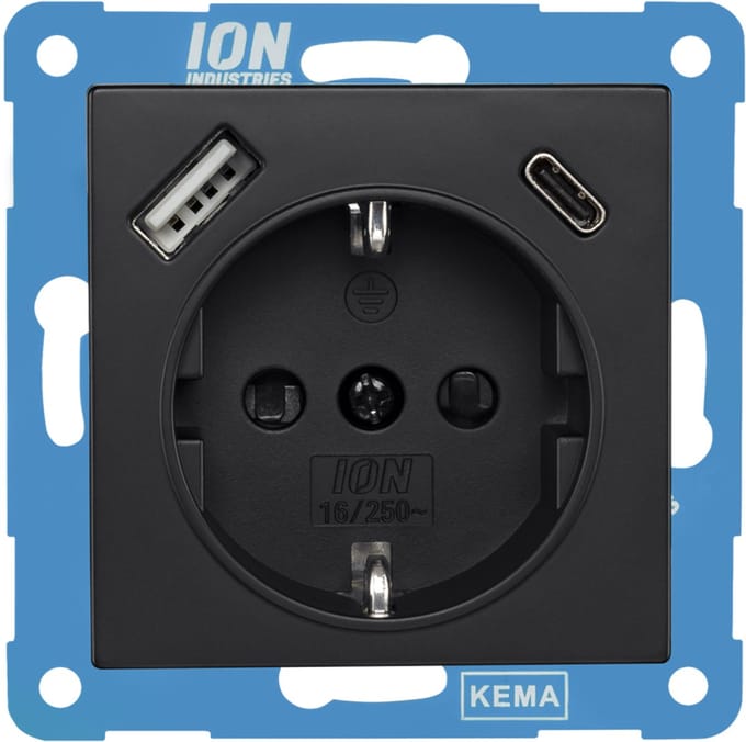 ION Industries - V1/J1 contactdoos inbouw - 1-voudig - randaarde - met USB-A en USB-C - 71 x 71 x 32 mm - zwart