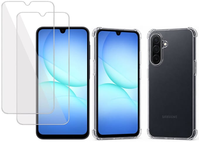 Hoesje met 2x Screenprotector - Geschikt voor Samsung Galaxy A17 - Extreme Shockproof - Tempered Glass - Siliconen Case - Transparant - TechNow