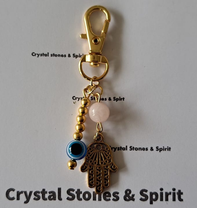 Boze Oog / Khamsa met "Rozenkwarts", sleutelhanger goudkleurig