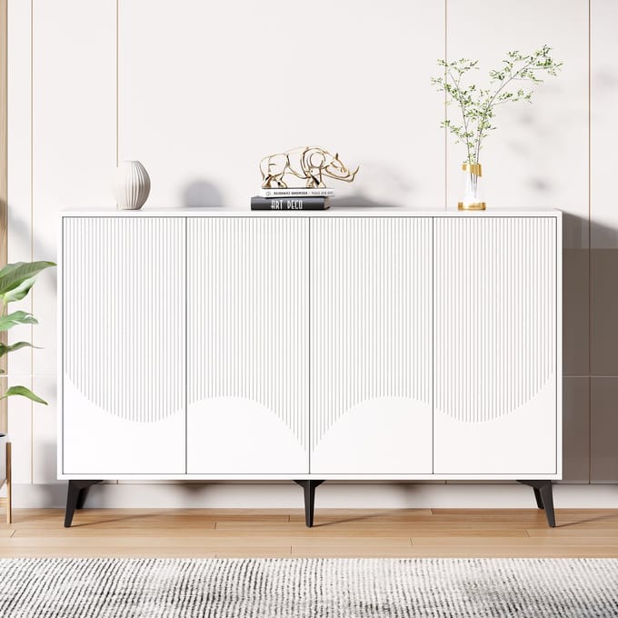 Sweiko Dressoir - Halmeubel - 4 deuren met verticale lijnen - Verstelbare planken - Metalen poten - Wit