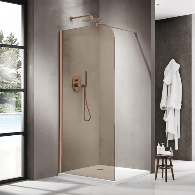 FugaFlow Eccelente Vetro Inloopdouche - 110x200cm - afgeronde glaswand - rook glas - wandarm - geborsteld koper (Koper)