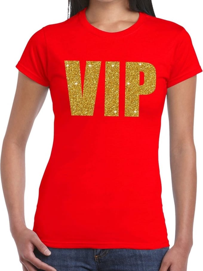 VIP tekst t-shirt - rood - glitter and glamour thema - gouden glitter letters - dames M