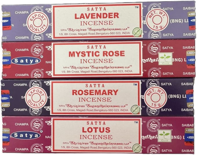 satya - wierook - lavendel - lotus - mystic rose - rozemarijn - set van 4 doosjes