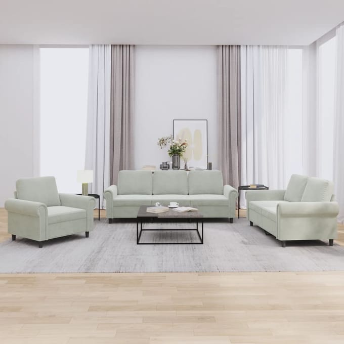 vidaXL - 3-delige - Loungeset - met - kussens - fluweel - lichtgrijs