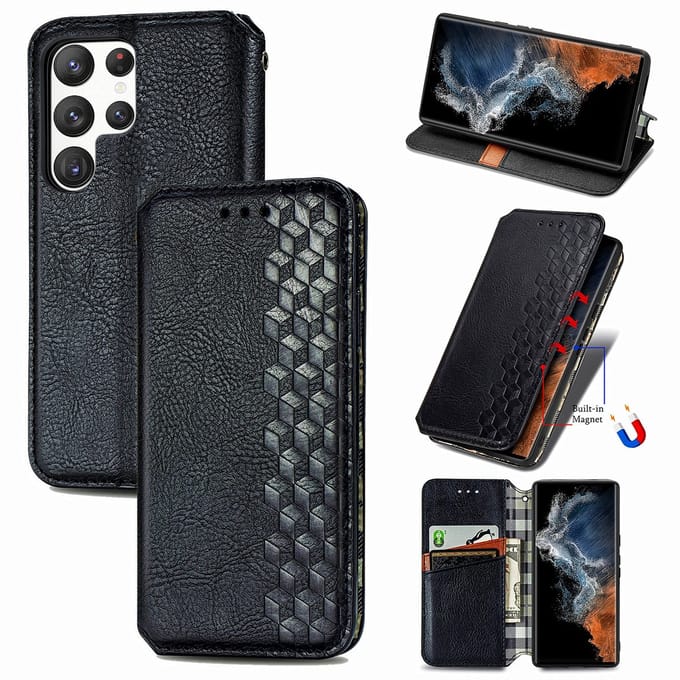 Luxe PU Lederen Ruitpatroon Wallet Case + Glas Screenprotector voor Galaxy S25 Ultra _ Zwart