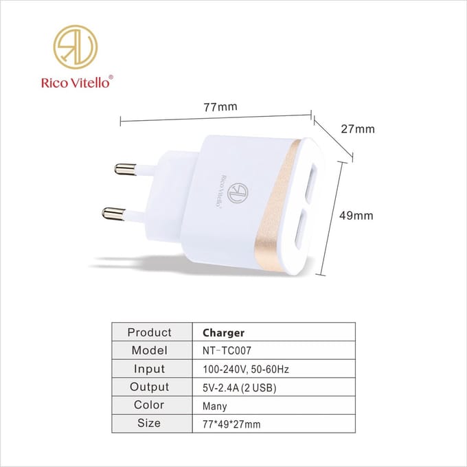 Oplader Rico Vitello, thuislader 2.4A  met 2 USB Wit , travel charger