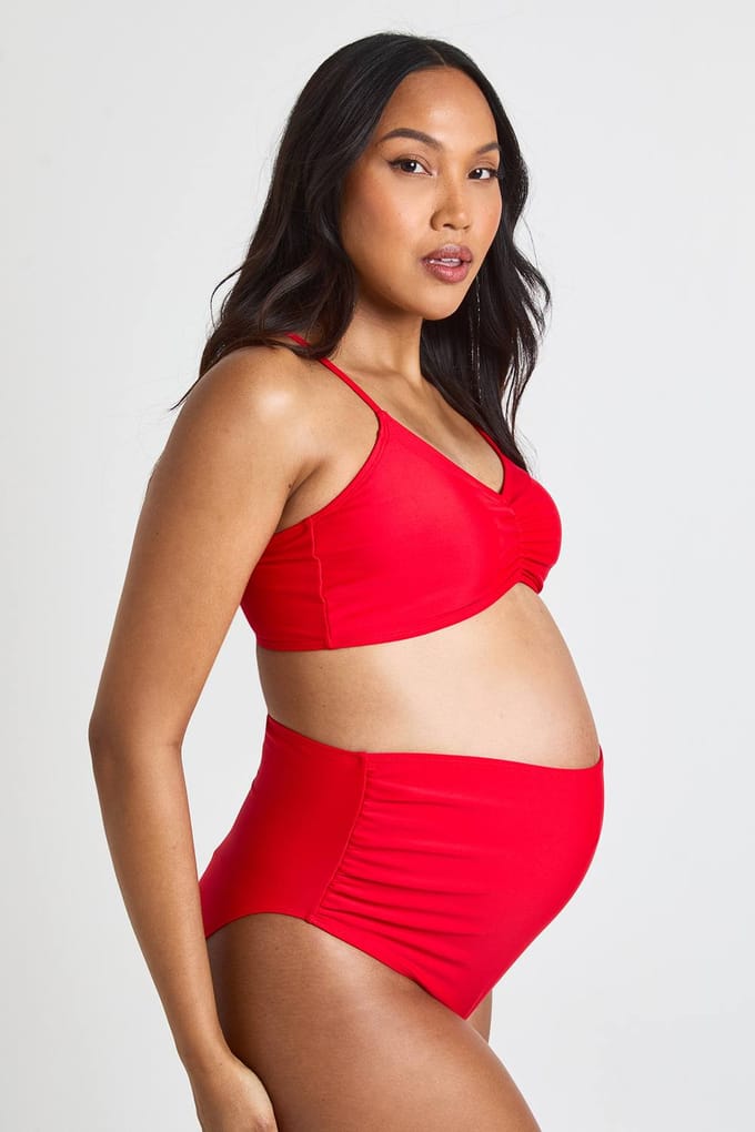 boohoo Dames Zwangerschaps Hoge Taille Gerimpeld Bikinibroekje | Rood | Maat: 36