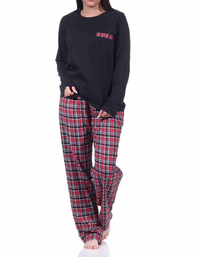 Flanellen damespyjama lang met flanellen broek en jersey top