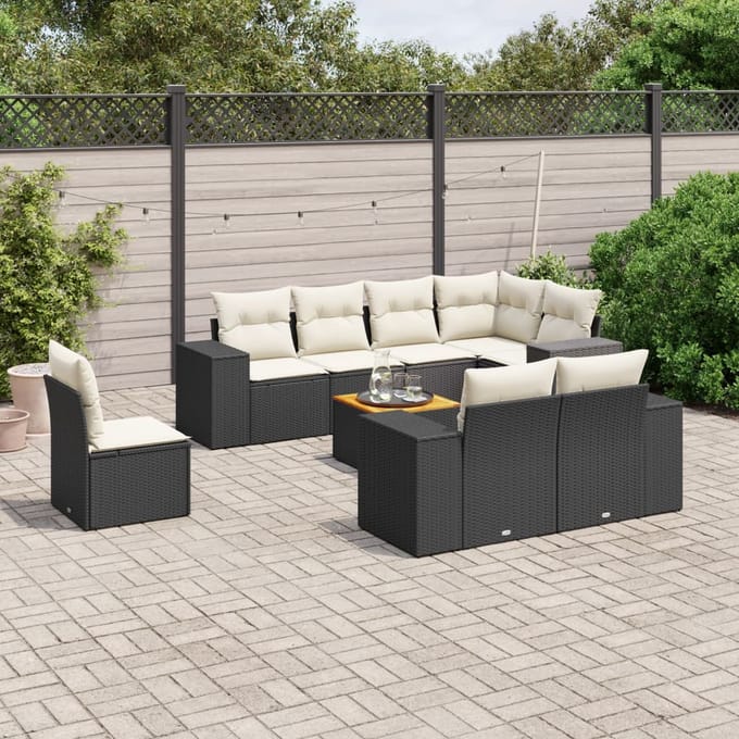 vidaXL - 9-delige - Loungeset - met - kussens - poly - rattan - zwart