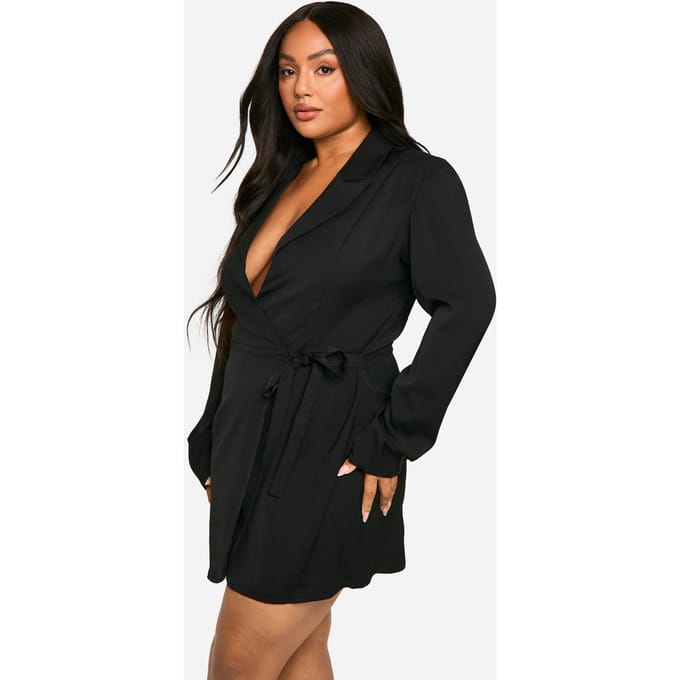 boohoo Dames Plus geweven getailleerde wikkeljurk | Black | Maat: 28