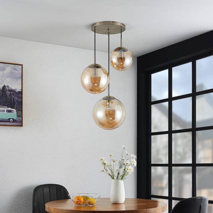 Lindby - hanglamp - 3lichts - Glas, staal - H: 30 cm - E27 - amber, oud messing