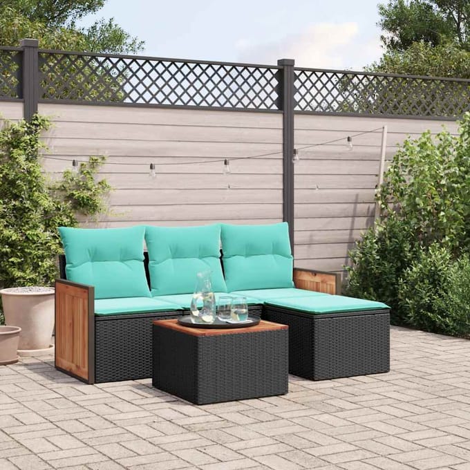 vidaXL - 5-delige - tuinbankset - met - kussens - van - zwart - polyrotan