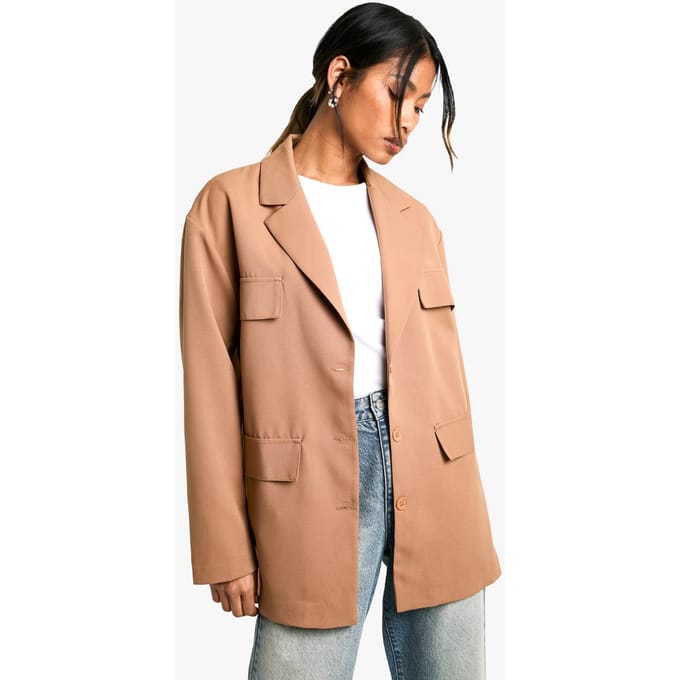 boohoo Dames Geweven Slordige Oversized Blazer met Zakken | Camel | Maat: 36