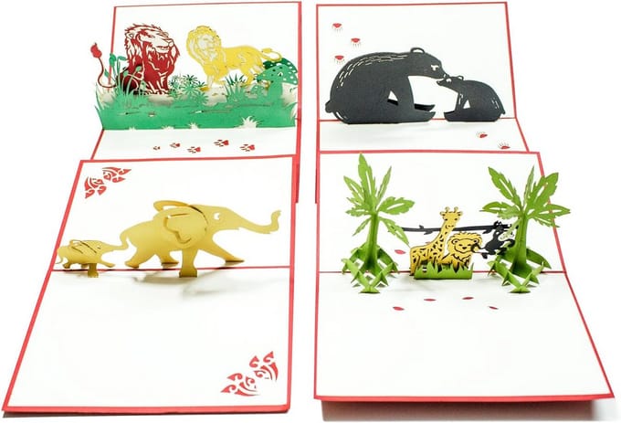 Set van 4 3D Pop-Up Verjaardags- en Wenskaarten - Jungle Dieren