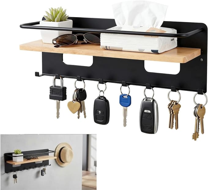 Solidchoice - Sleutelhanger met Plank, Houten Sleutelkastje met 8 Haken