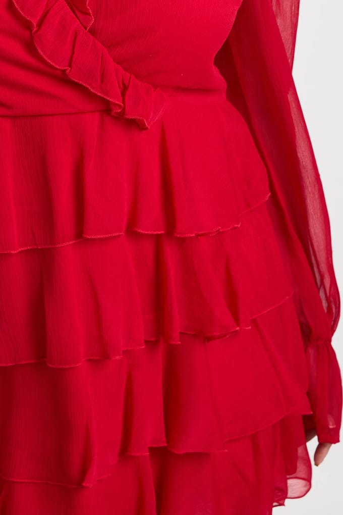 boohoo Dames Plus Ruffle Wrap Skater Jurk | Rood | Maat: 44