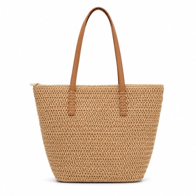 Strandtas Dames - Gevlochten Shopper met Ritssluiting - Khaki