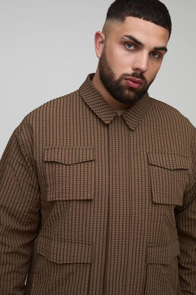 Plus Oversized Geruite Ripstop Cargo Shacket | Mocha | Size 2XL