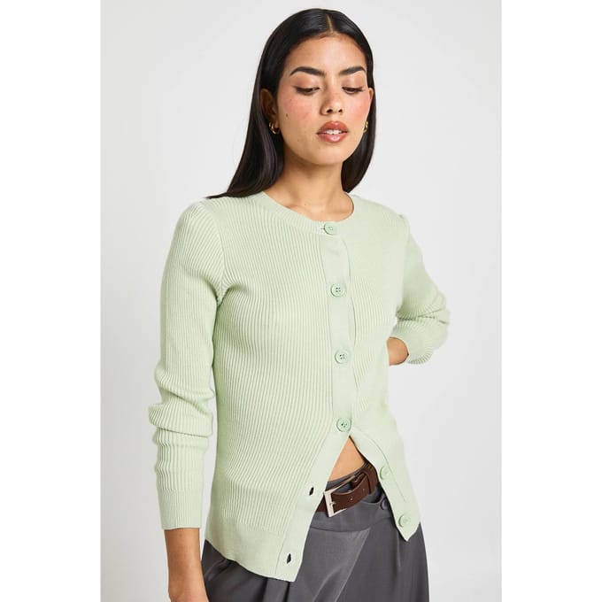 boohoo Dames Geribbeld Gebreid Vest met Hoge Hals en Knoopsluiting | Sage | Maat: Medium