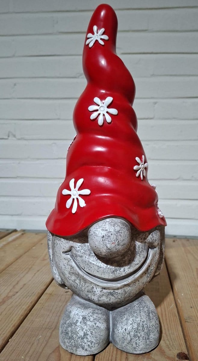 Kerstkabouter Polystone - 37 cm - Rode Puntmuts met Sneeuwvlokken - Luxe Winter Decoratie Beeld