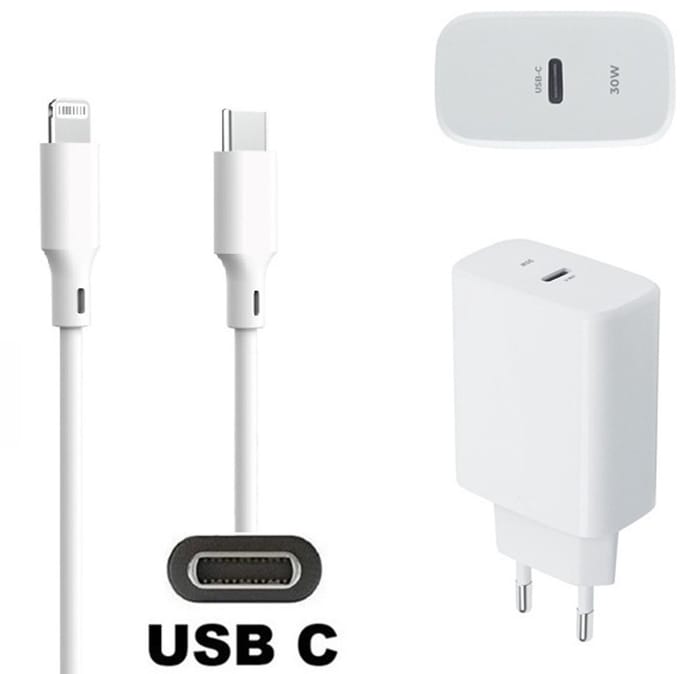 OneOne 30W super snellader + 1,5m OneOne USB C naar Lightning kabel. PD lader. Universele PD oplader adapter past op Apple iPhone SE 2, iPhone 8, iPhone 8 Plus, iPhone 10, iPhone X, iPhone XR, iPhone XS, iPhone XS Max, iPhone 11