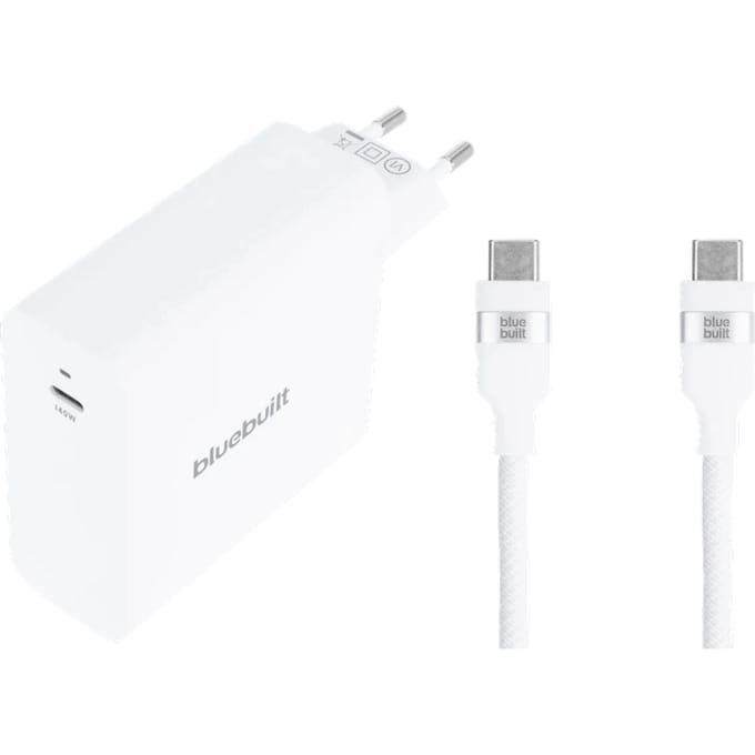 BlueBuilt 140W GaN Usb C Oplader Wit + Usb C Kabel 240W 2m Nylon Wit
