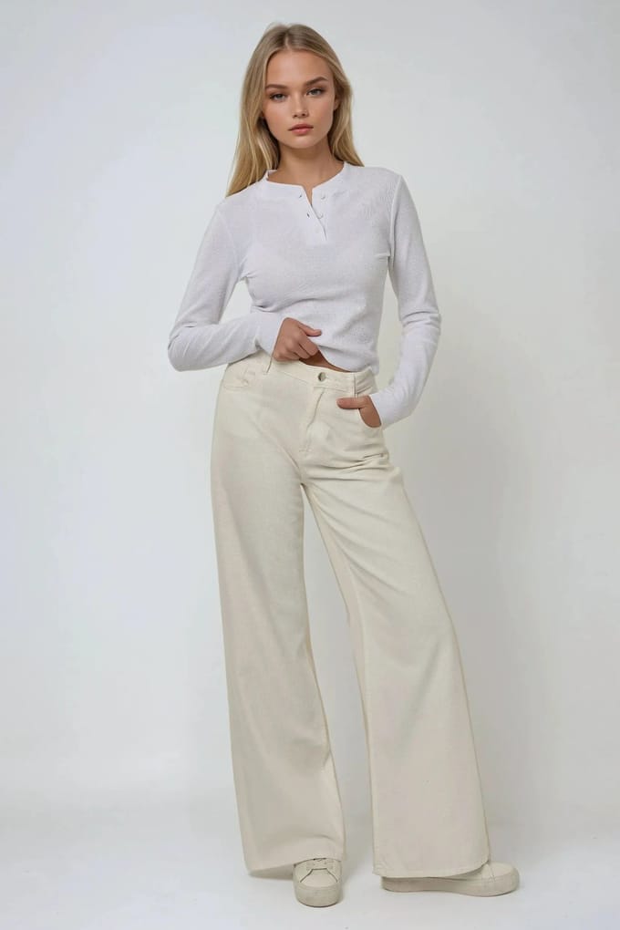 Crew Neck Lange Mouwen Wafel T-shirt