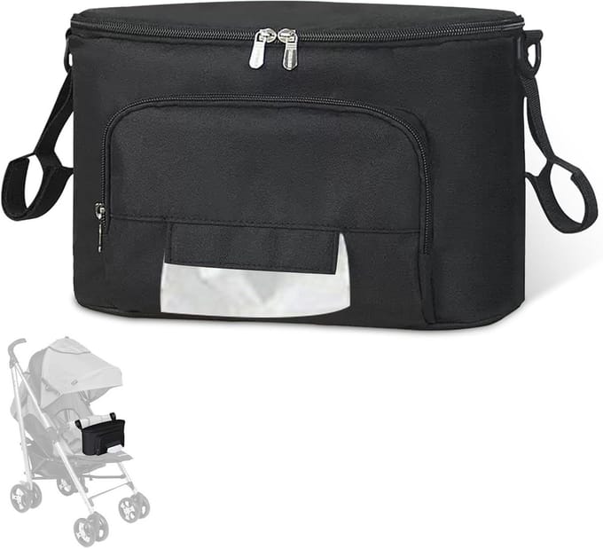 Universal Baby Stroller Organizer, Built in Bag for Wipes Dispenser Large Capacity with Bottle Holders Multiple Compartments Stroller Bag(Black)