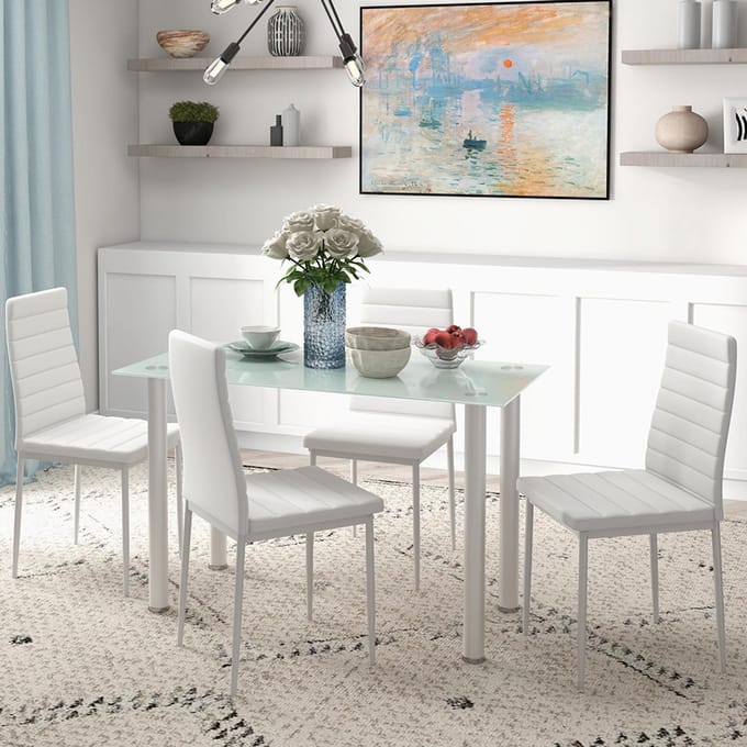 Pugsdrly 5-delige eetset - eettafel met 4 stoelen - modern design met glazen tafel - wit