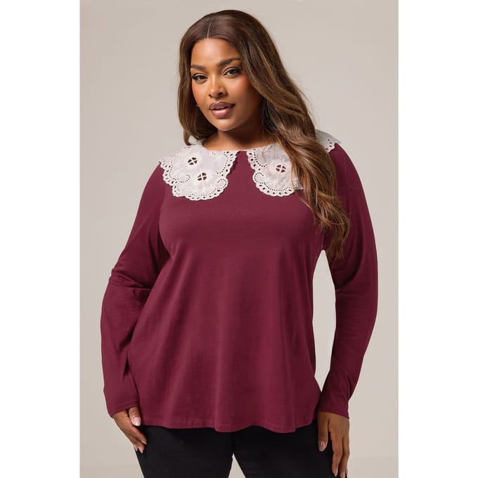 Yours Bordeauxrode Top Met Broderie Anglaise En Oversized Kraag Size 46