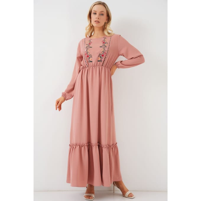Geborduurde Maxi-jurk met Ronde Hals