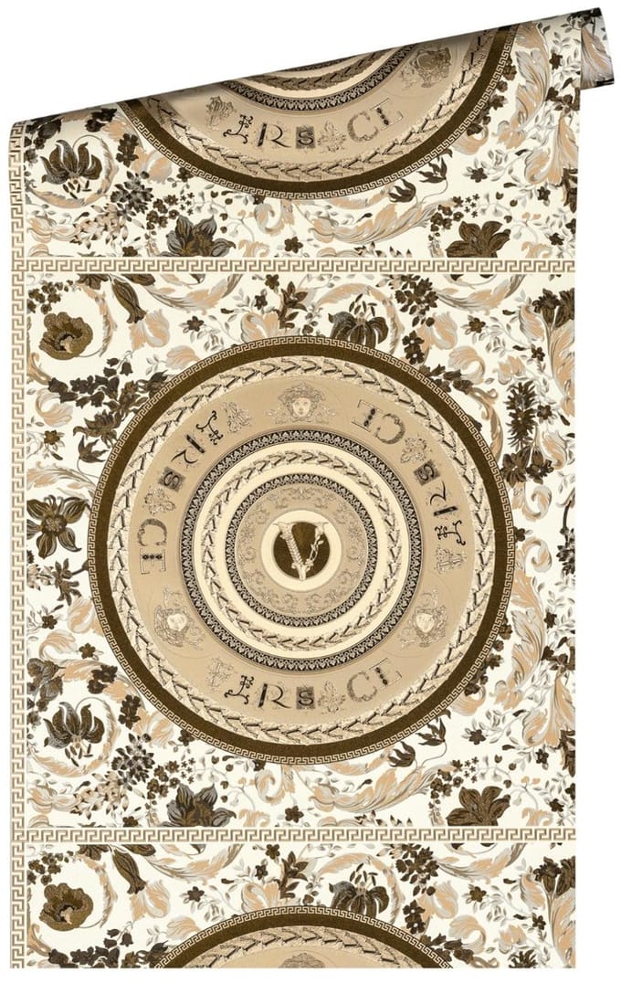 "MEDUSA HOOFD" SATIJN GLANZEND CIRKEL BEHANG | Design - parelbeige wit bruin - A.S. Création Versace 5