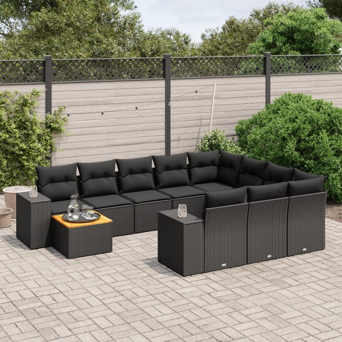 vidaXL - 11-delige - Loungeset - met - kussens - poly - rattan - zwart
