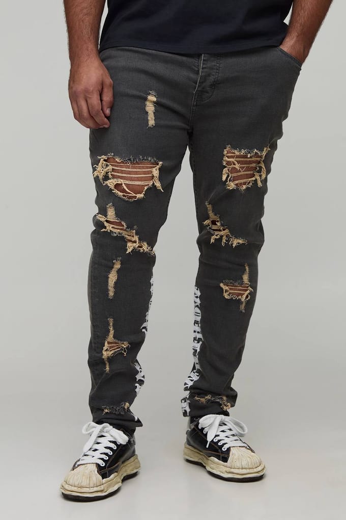Plus Stacked Skinny Distressed Embroidered Gusset Jeans | Mid Grey | Size 54
