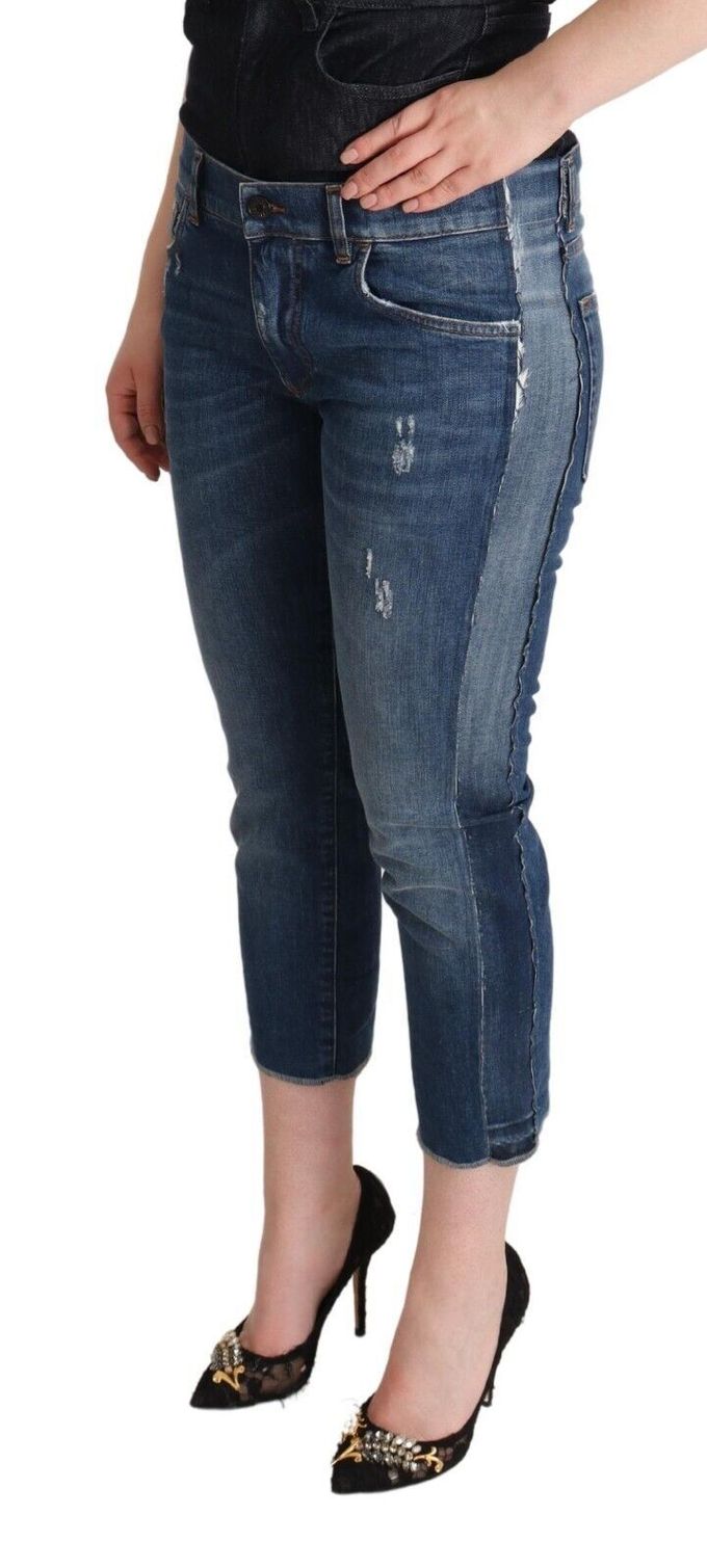 Dolce & Gabbana Blauwe Gewassen Midden Taille Denim Logo Cropped Dames Jeans