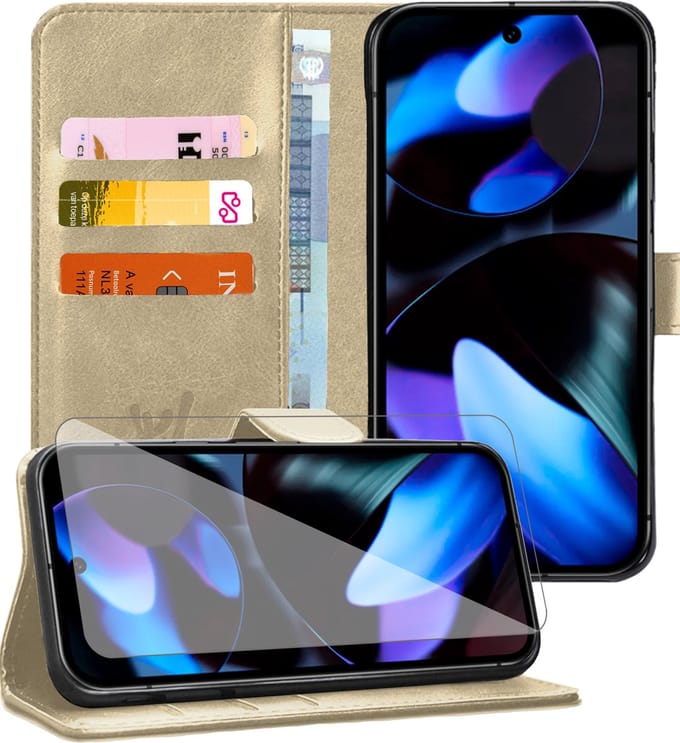 Hoesje geschikt voor Google Pixel 9 / 10 - Screenprotector Glas - Portemonnee Book Case Goud