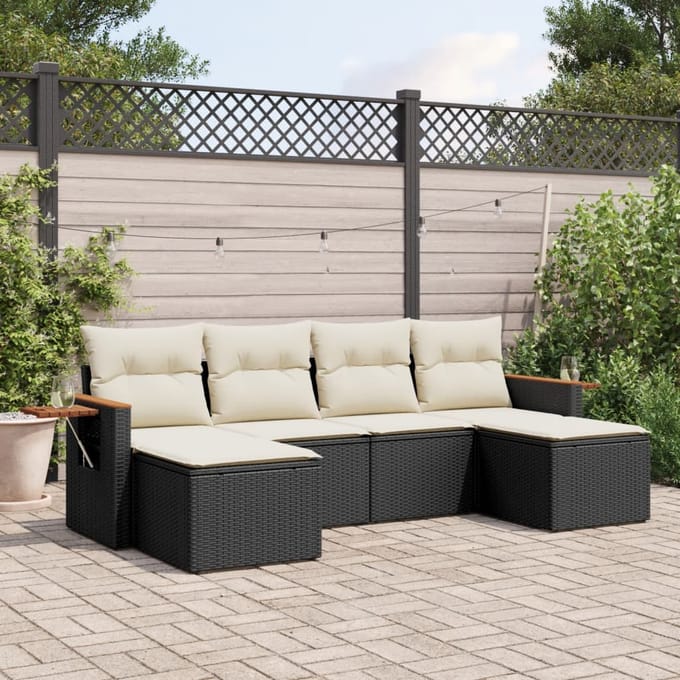 vidaXL - 6-delige - Loungeset - met - kussens - poly - rattan - zwart