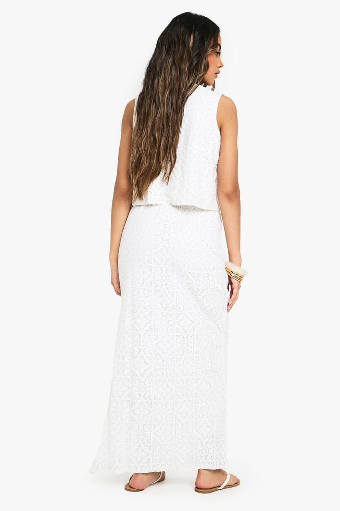 boohoo Dames Crochet Side Split Maxi Rok | Wit | Maat: 34