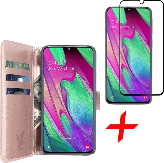 Hoesje geschikt voor Samsung Galaxy A40 - Screen Protector FullGuard - Book Case Kunstleer Pasjeshouder Rosegoud & Screenprotector
